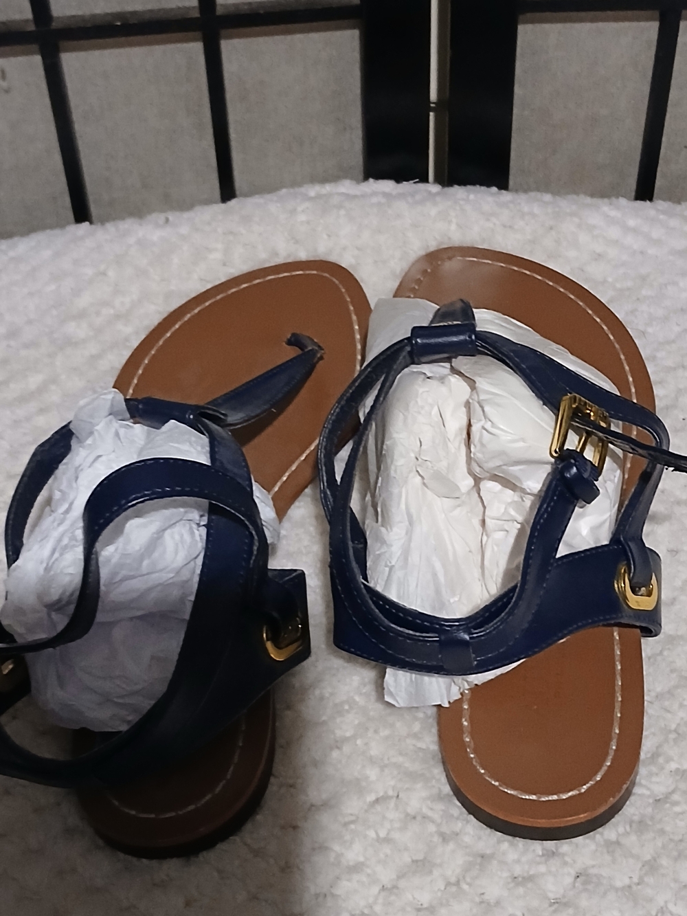 Lauren Ralph Lauren Navy and Brown Leather T-Strap Sandals with Gold Buckles